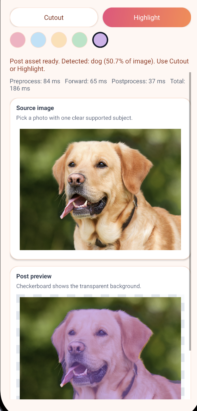 Image Alt Text:Labrador segmentation mask highlighted in the Android emulator.