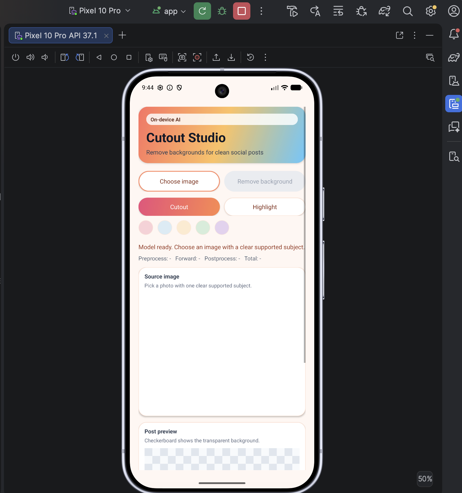 Image Alt Text:Cutout Studio running in an Android Studio virtual device.