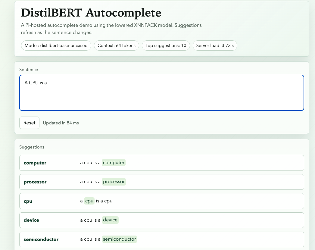 Image Alt Text:DistilBERT ExecuTorch autocomplete demo running from the Raspberry Pi.