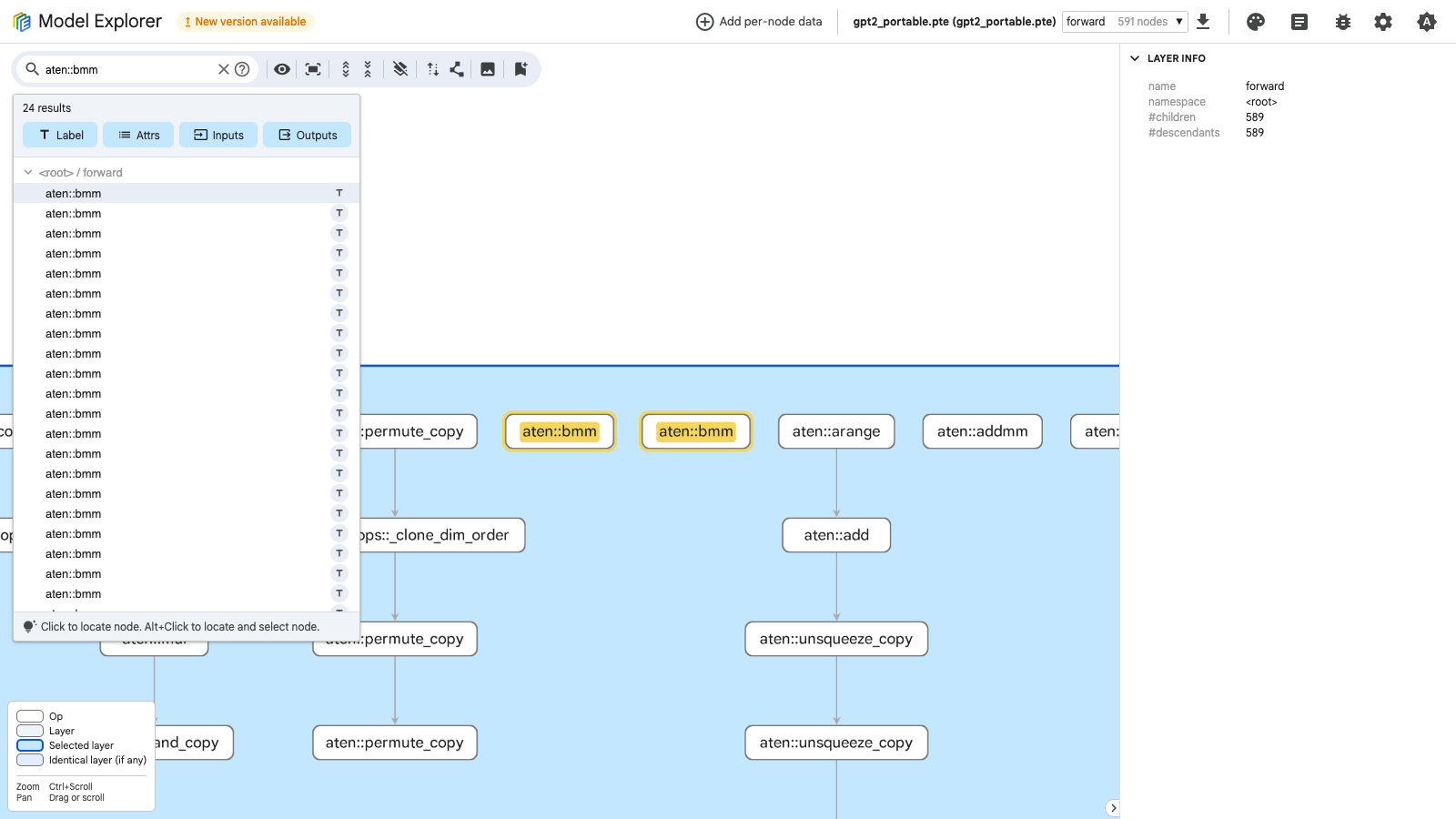 Image Alt Text:Model Explorer view of the portable GPT-2 ExecuTorch PTE.
