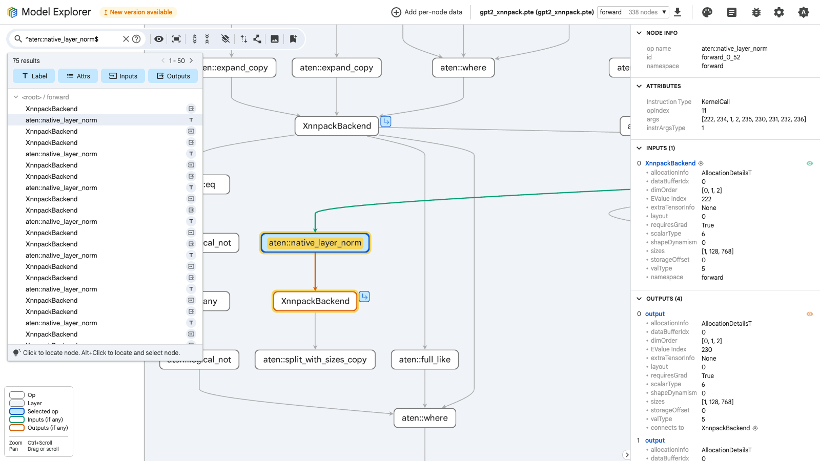 Image Alt Text:Model Explorer with a default-path KernelCall selected in the XNNPACK GPT-2 PTE.