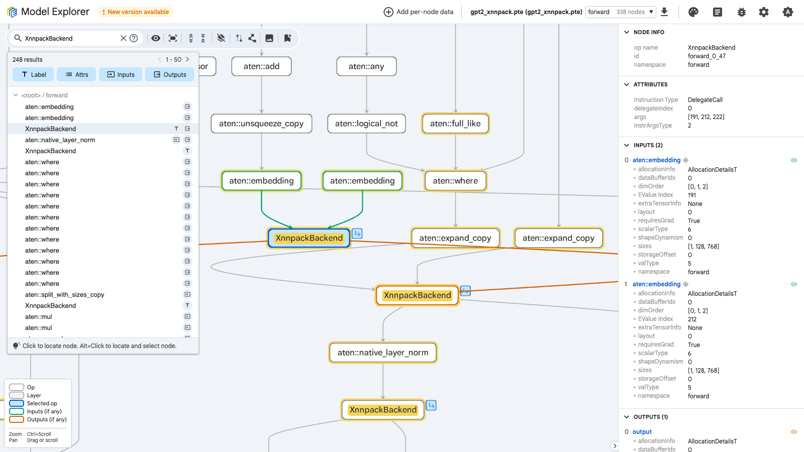 Image Alt Text:Model Explorer with an XNNPACK delegate selected in the GPT-2 ExecuTorch PTE.