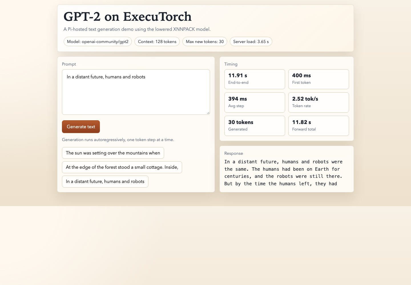Image Alt Text:GPT-2 ExecuTorch text-generation demo running from the Raspberry Pi.