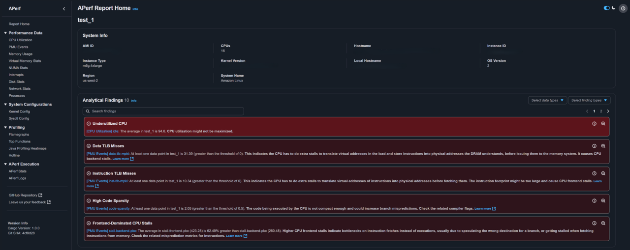 Image Alt Text:APerf report home page showing system information and analytical findings alt-txt