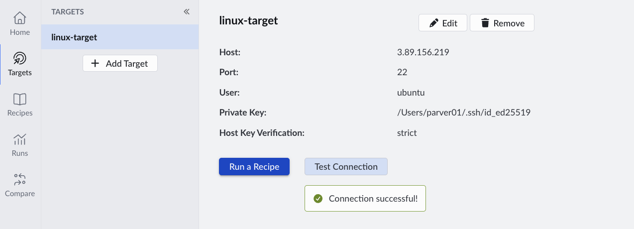Image Alt Text:Arm Performix graphical interface displaying connection test results with green checkmark icon indicating success, target name my-target shown in header, host IP address 192.168.1.10 listed below, connection status field showing Connected in green text, and blue Test Connection button at bottom of panel