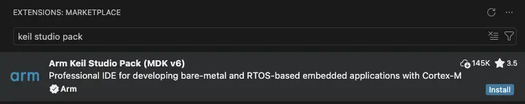 Image Alt Text:The Keil Studio Pack extension shown in the VS Code Extensions marketplace view, with the Arm publisher name and Install button visible