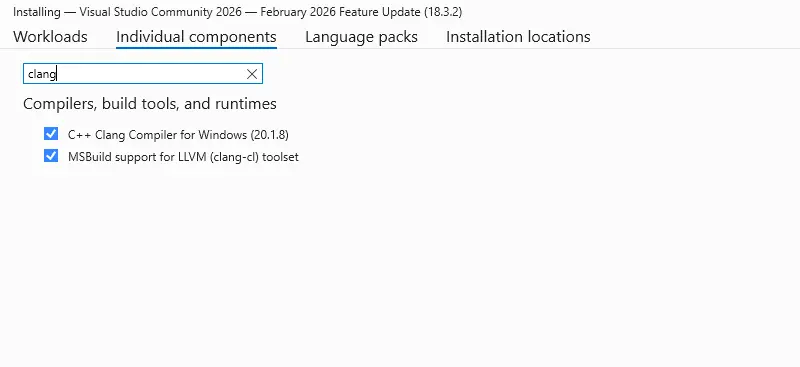Image Alt Text:Visual Studio Installer Individual components tab with clang search showing C++ Clang Compiler for Windows and MSBuild support for LLVM (clang-cl) toolset both selected. 