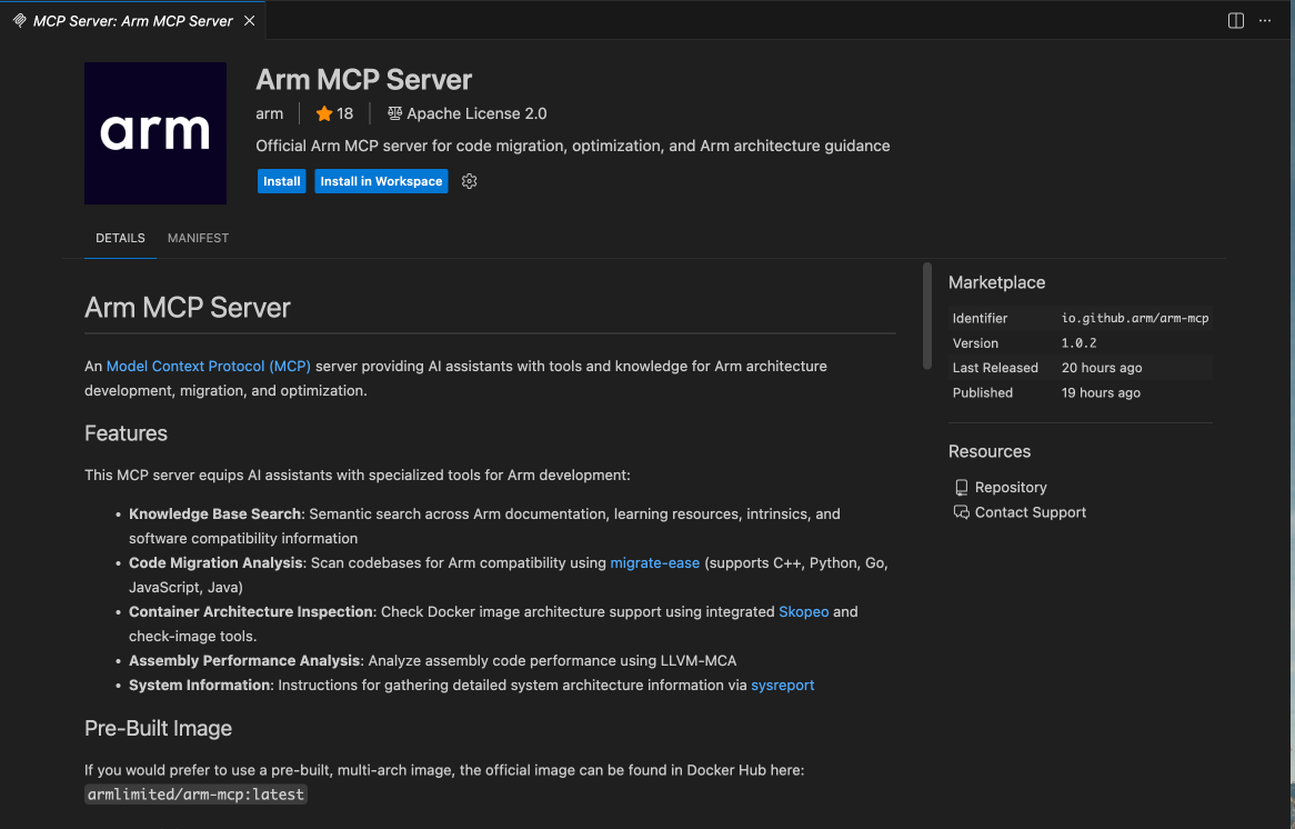 Image Alt Text:Screenshot of the Arm MCP Server installation page in Visual Studio Code showing the Install button and server description alt-text