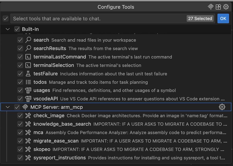 Image Alt Text:Screenshot of the MCP Server Tools panel in Visual Studio Code showing available tools from the Arm MCP Server alt-text