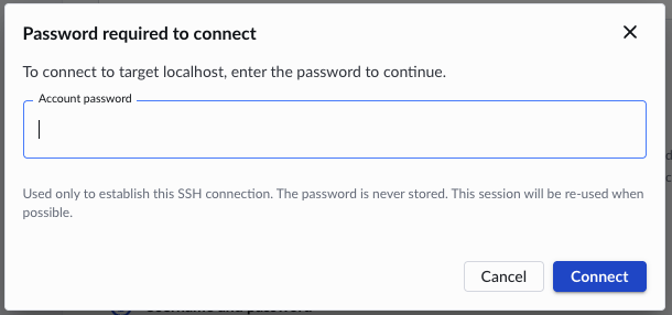 Image Alt Text:Arm Performix GUI displaying a password prompt dialog requesting the user&rsquo;s system password for authentication, including a password input field, confirmation button, and context indicating connection to a localhost target