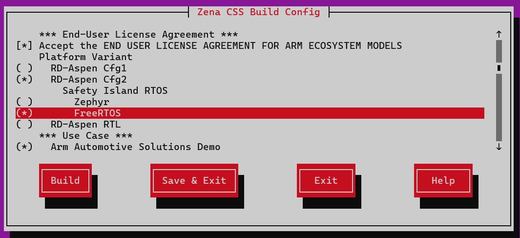 Image Alt Text:Zena CSS build configuration with RD-Aspen Cfg2 and FreeRTOS selected.