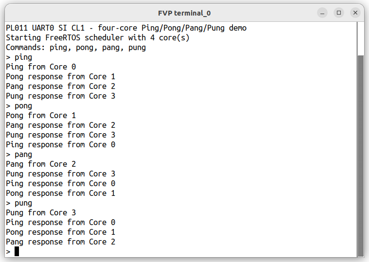 Image Alt Text:FVP terminal showing the FreeRTOS four-core ping, pong, pang, and pung commands completing on cores 0 through 3. The output confirms that all four SMP tasks are running.