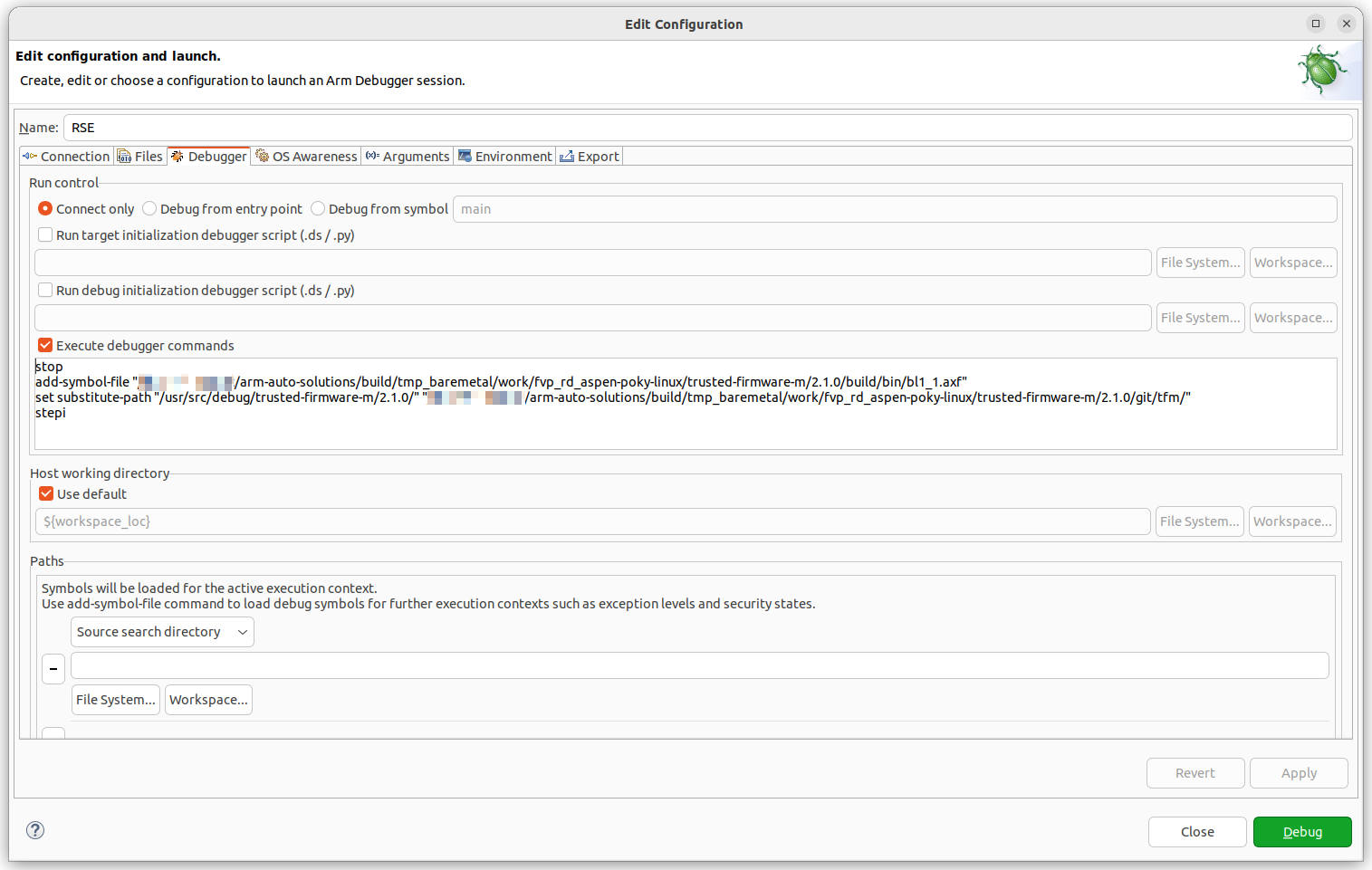 Image Alt Text:RSE.launch in Arm Development Studio showing Debugger pane with TF-M symbols loaded and path substitution mapping alt-text