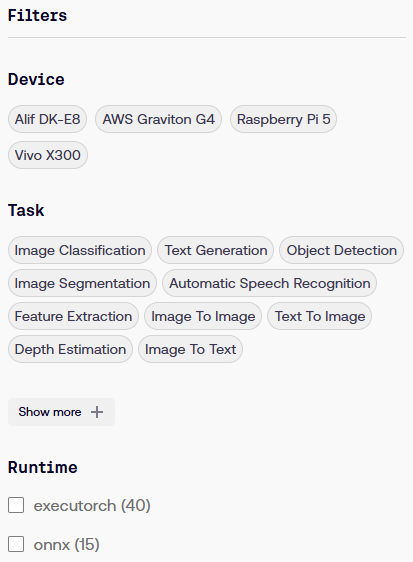 Image Alt Text:Arm AI Portal filters for device, task, and runtime, including AWS Graviton G4 and Text Generation options for narrowing model results