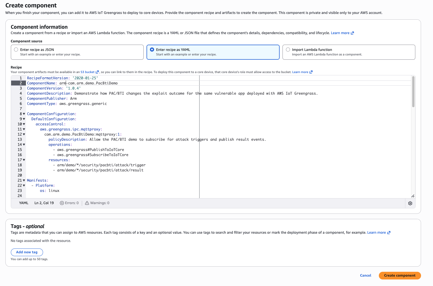 Image Alt Text:Greengrass component creation confirmation screen showing the component being created