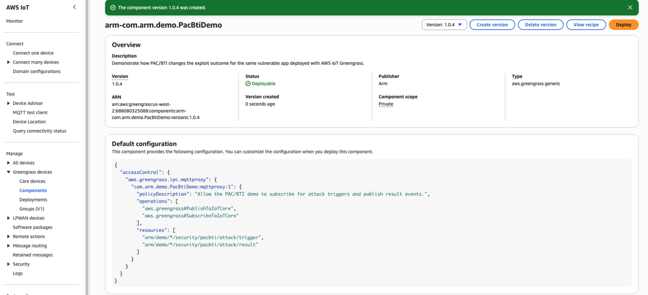 Image Alt Text:Greengrass Components list showing the newly created arm-com.arm.demo.PacBtiDemo component