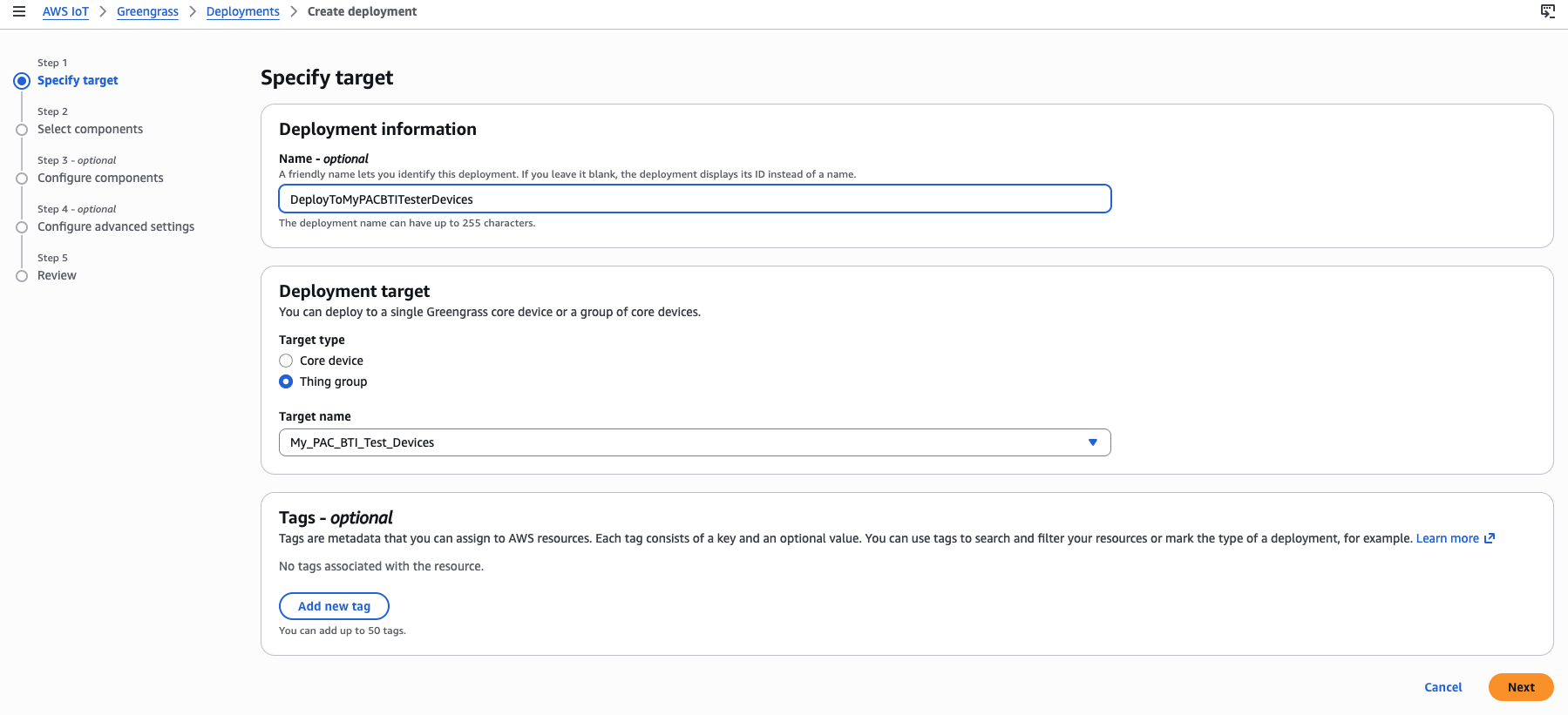 Image Alt Text:Greengrass deployment configuration showing the deployment name and the My_PAC_BTI_Test_Devices thing group selected