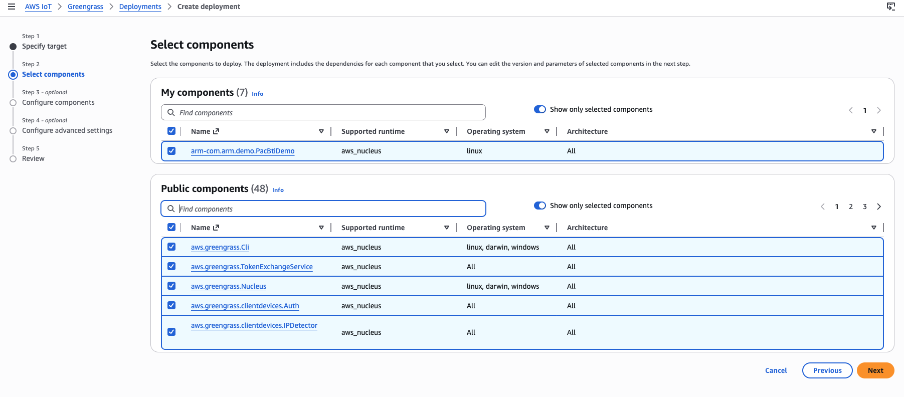 Image Alt Text:Greengrass deployment step 2 showing component selection with default components listed