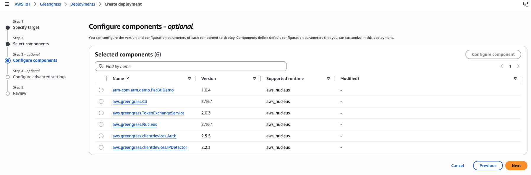 Image Alt Text:Greengrass deployment step 3 showing component configuration options at their defaults
