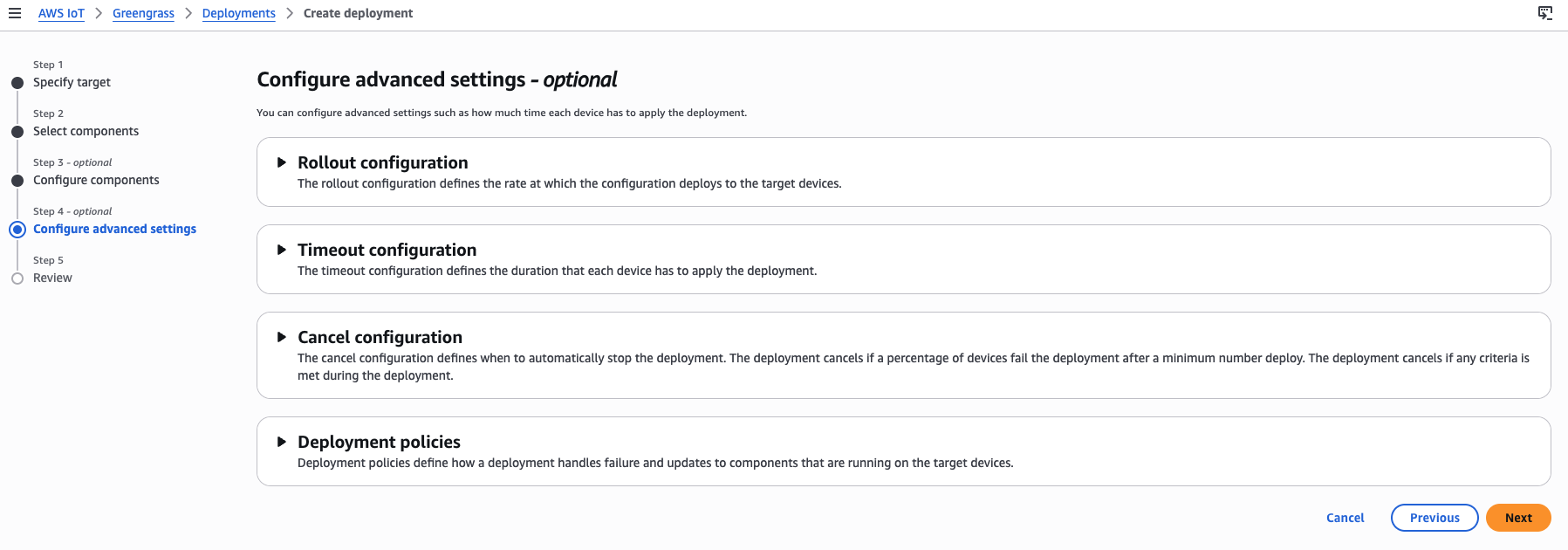 Image Alt Text:Greengrass deployment step 4 showing advanced configuration options at their defaults