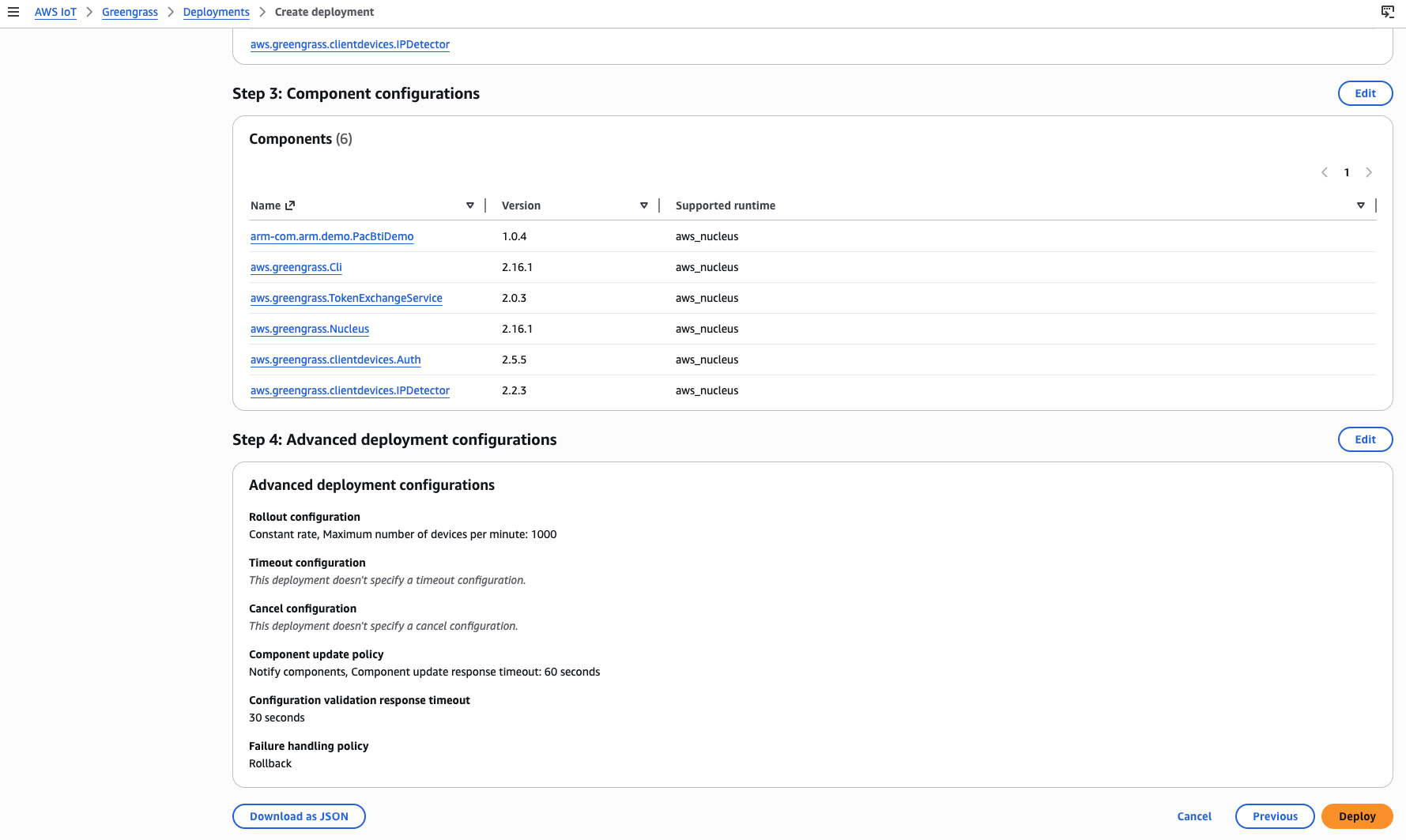 Image Alt Text:Greengrass deployment review page with the Deploy button at the bottom to confirm and start the deployment