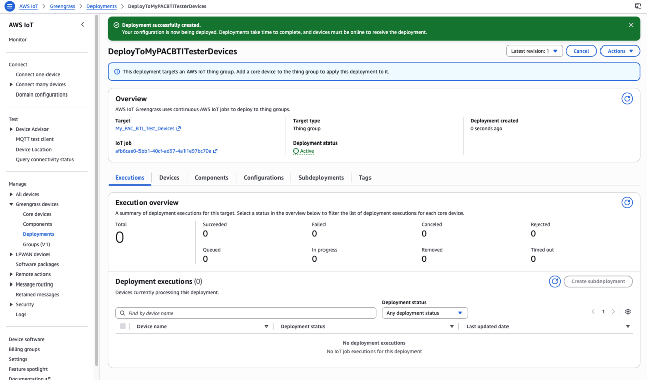 Image Alt Text:Greengrass deployment status page showing the Execution overview with 2 successful targets, confirming both devices received the component