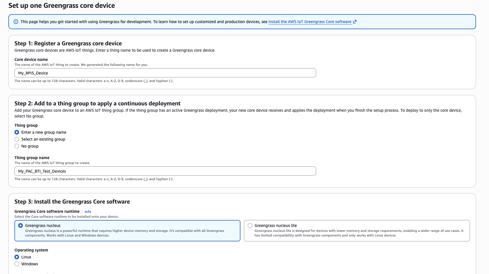 Image Alt Text:AWS IoT Greengrass setup wizard showing Linux selected as the operating system and the installer method options