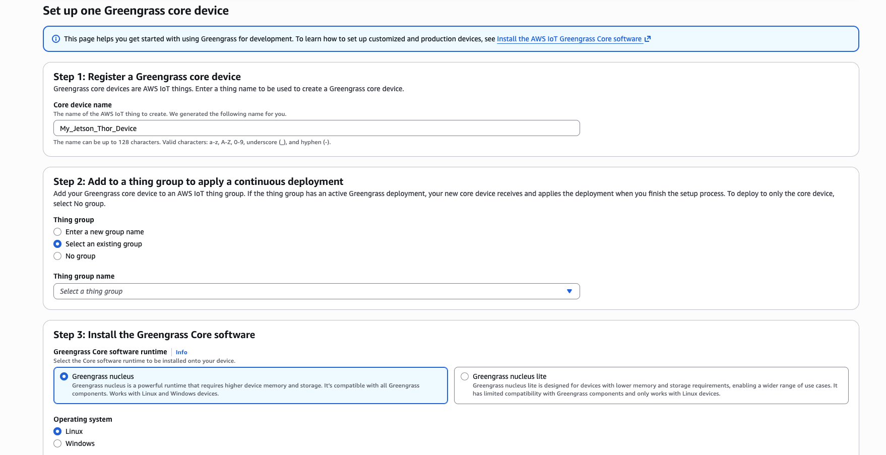 Image Alt Text:AWS IoT Greengrass setup wizard showing Linux selected and the existing device group My_PAC_BTI_Test_Devices selected