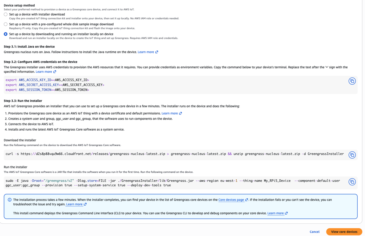 Image Alt Text:Generated Greengrass installer commands to run on the Jetson Thor to complete core device registration