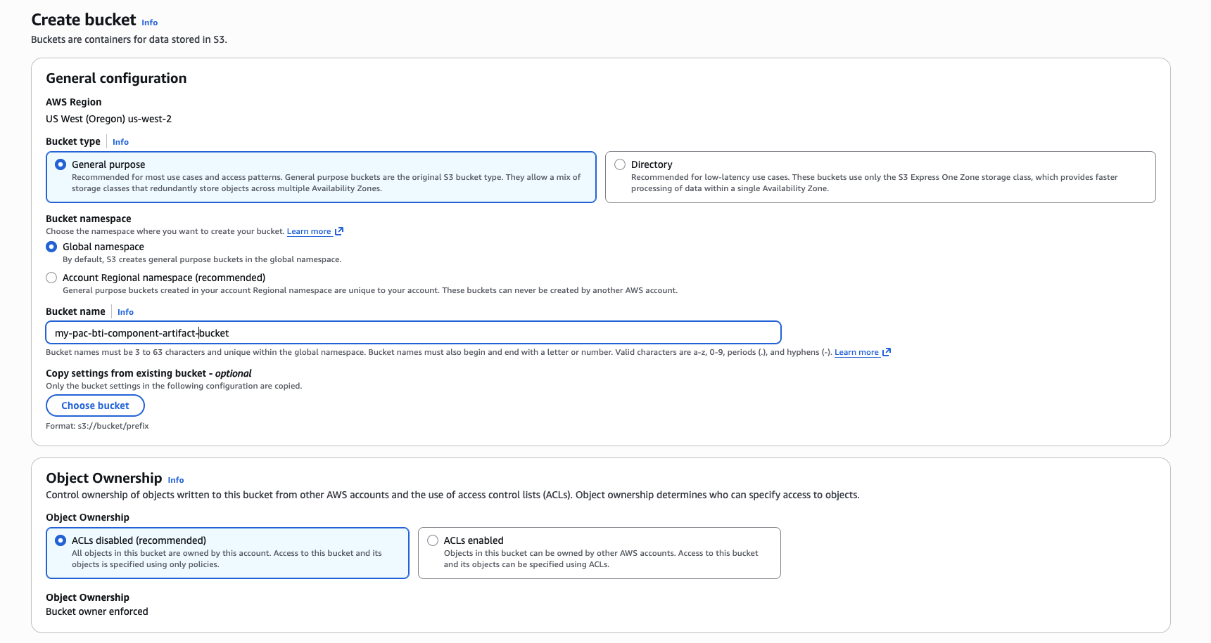 Image Alt Text:S3 bucket creation form with the bucket name field and default settings
