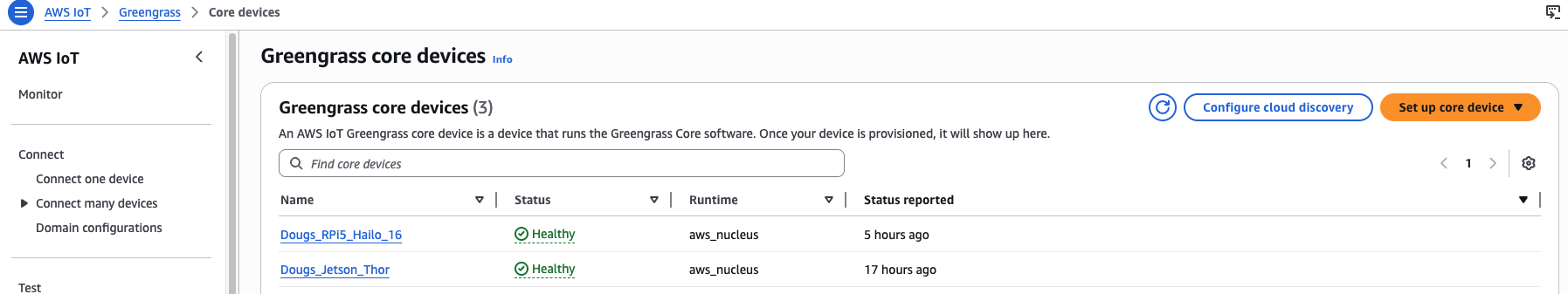 Image Alt Text:AWS IoT Greengrass Core devices list showing both registered core devices and their names