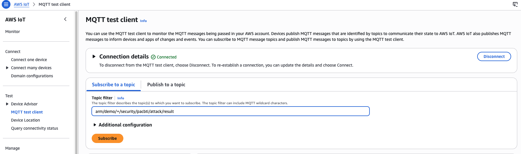 Image Alt Text:AWS IoT Core MQTT test client showing the Subscribe to a topic tab with the wildcard PAC/BTI result topic entered