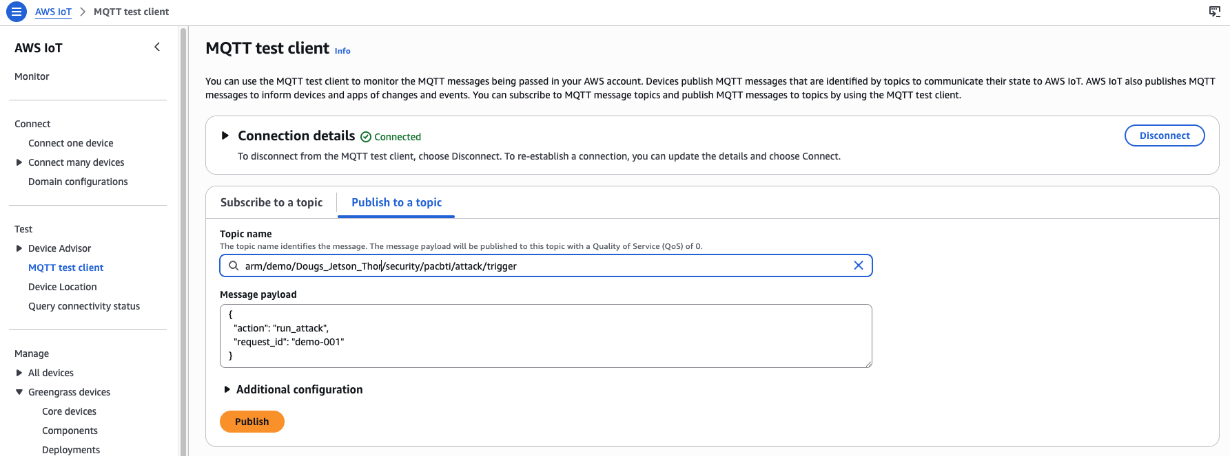 Image Alt Text:AWS IoT Core MQTT test client Publish to a topic tab with the Thor device trigger topic and run_attack payload ready to publish