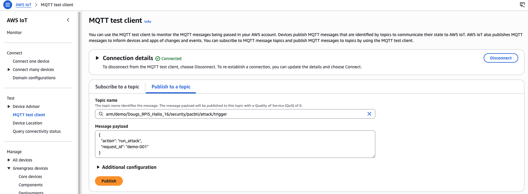 Image Alt Text:AWS IoT Core MQTT test client Publish to a topic tab with the RPi5 device trigger topic and run_attack payload ready to publish