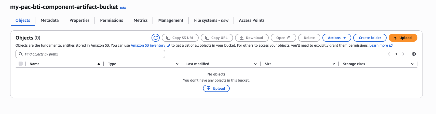 Image Alt Text:S3 bucket view showing the Upload button used to add the component artifact