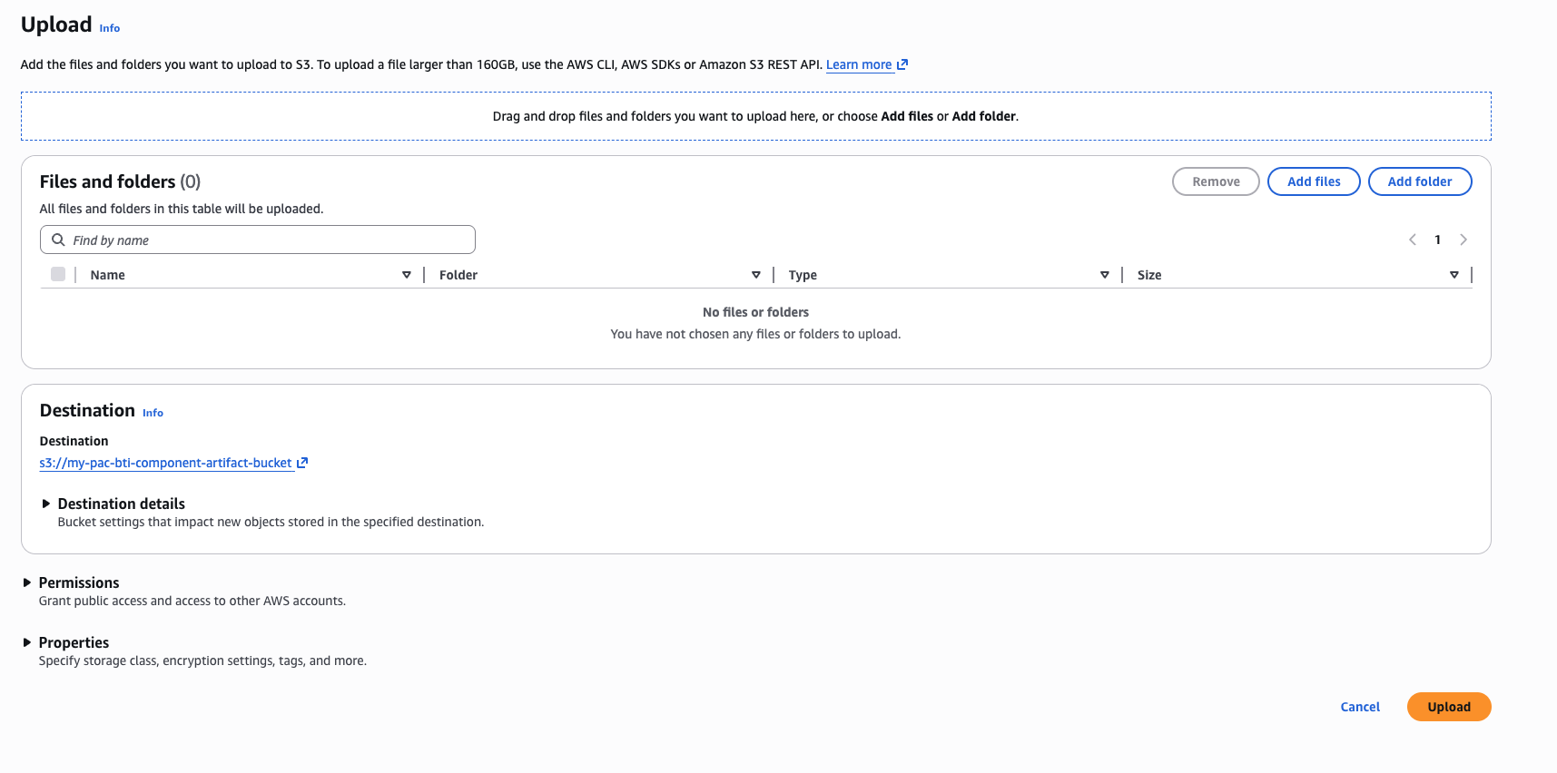 Image Alt Text:S3 upload dialog with the artifact file selected and the Upload button highlighted