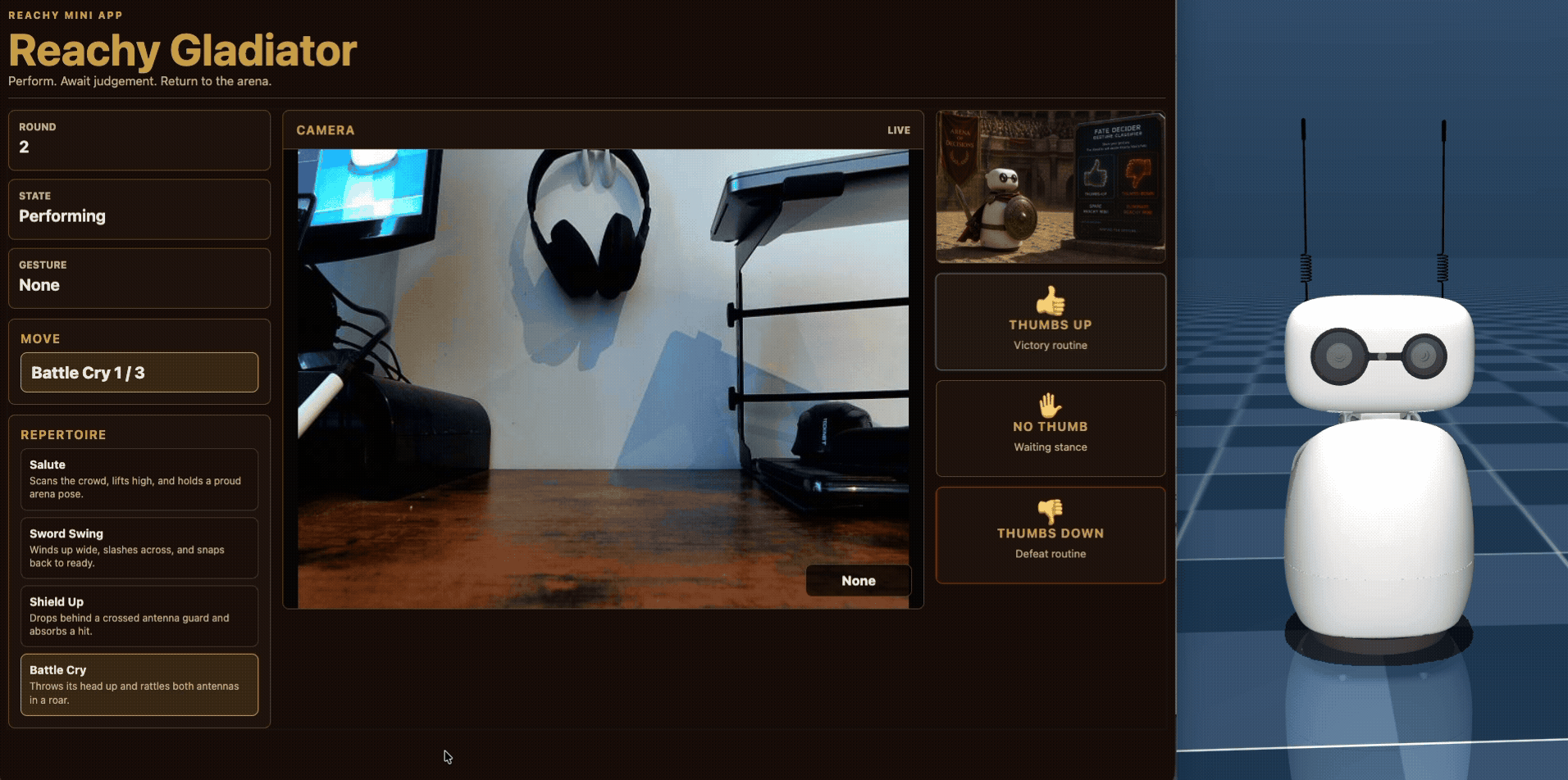 Image Alt Text:Animated MuJoCo simulation showing Reachy Mini performing the Battle Cry preset move. This shows the expressive motion style used before the thumbs-up or thumbs-down verdict.
