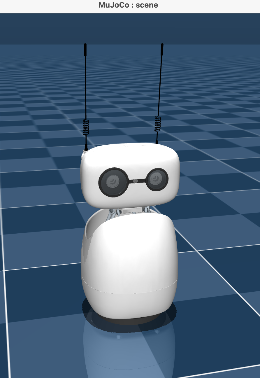 Image Alt Text:MuJoCo physics simulation window showing the Reachy Mini robot in a standing position, confirming the simulation started successfully