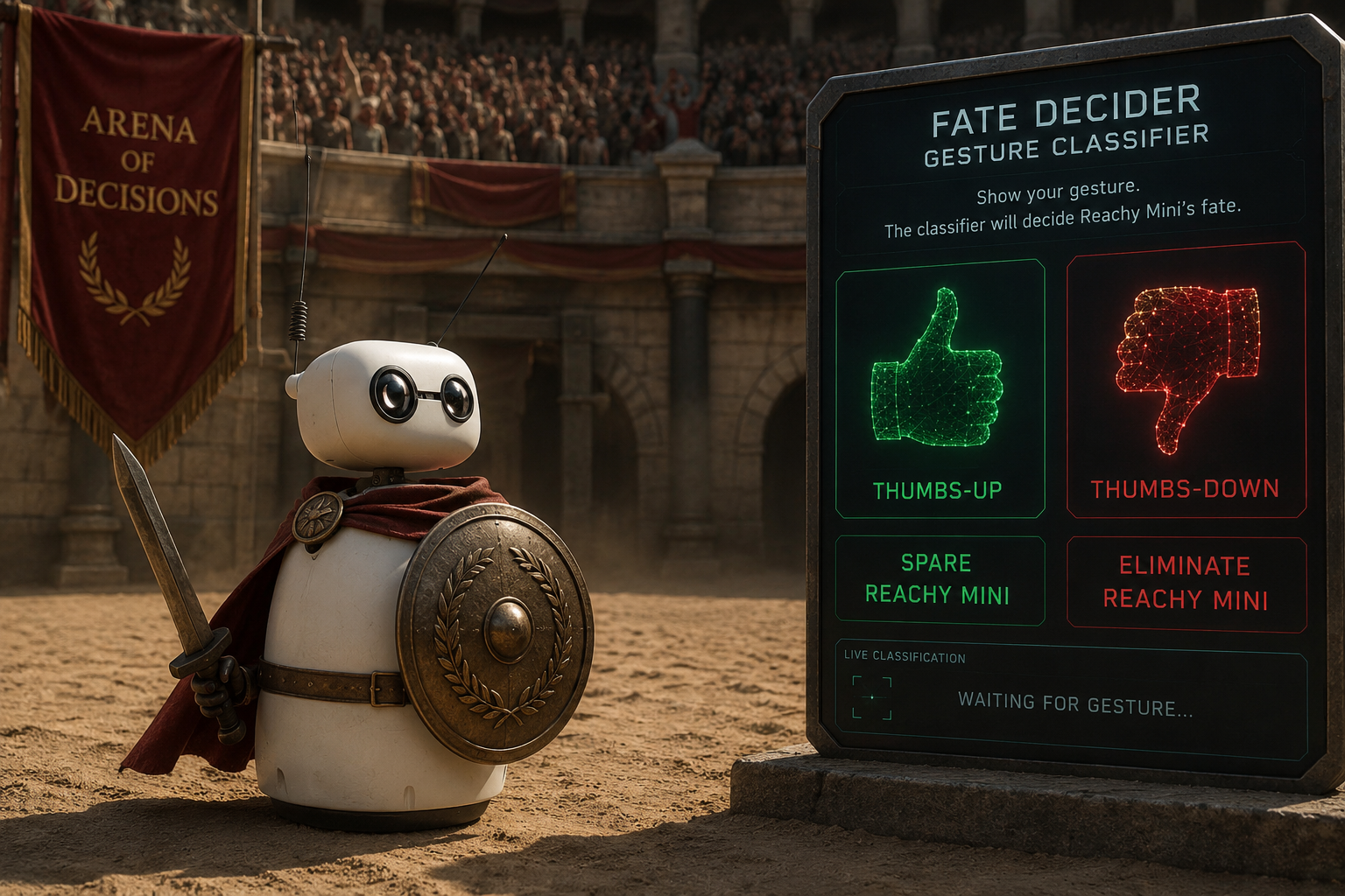 Image Alt Text:Illustration of Reachy Mini in a gladiator style pose. The app uses this arena theme for its moves, verdicts, and dashboard.