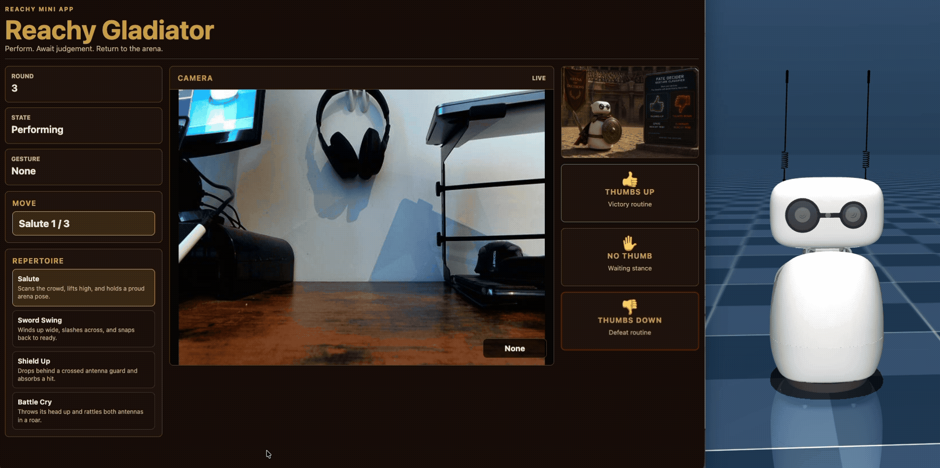 Image Alt Text:Animated MuJoCo simulation showing Reachy Mini performing the Salute preset move. This shows one of the scripted motions that the app can select during a round.