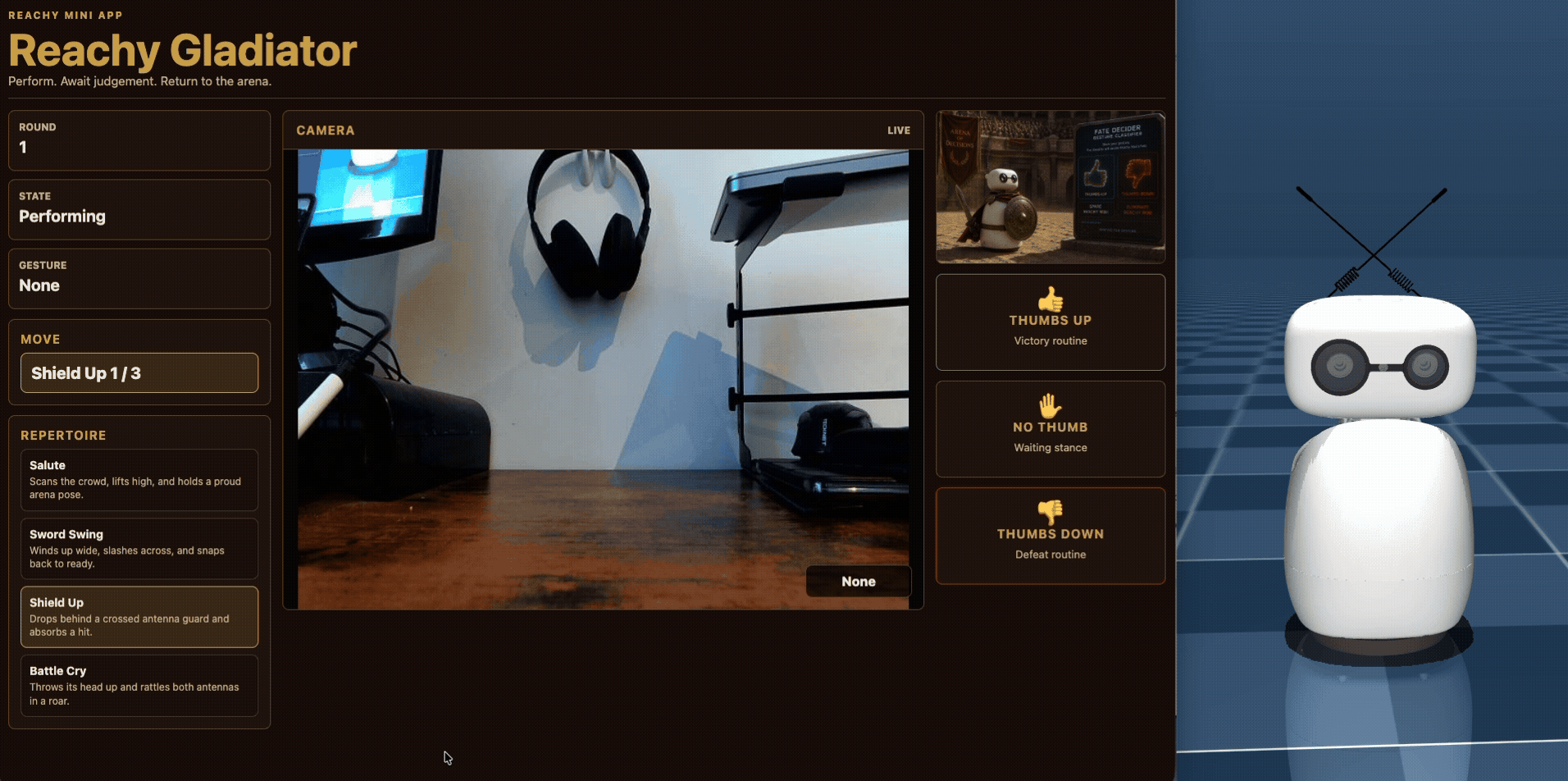 Image Alt Text:Animated MuJoCo simulation showing Reachy Mini performing the Shield Up preset move. This confirms that the app can play defensive-themed robot motions in simulation.