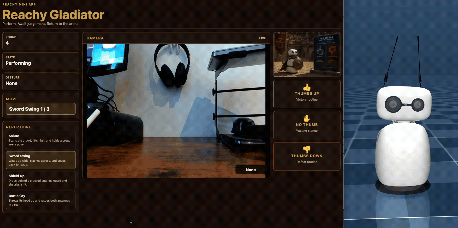 Image Alt Text:Animated MuJoCo simulation showing Reachy Mini performing the Sword Swing preset move. This demonstrates another scripted gladiator motion sent through the Reachy Mini SDK.