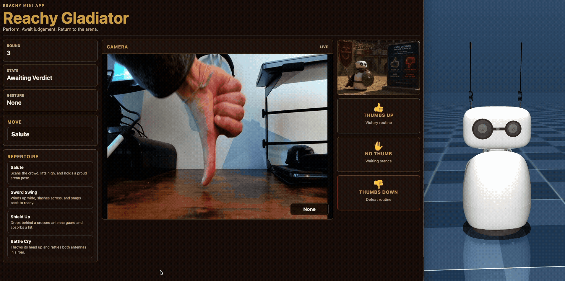 Image Alt Text:Animated dashboard and simulation showing a thumbs-down gesture triggering Reachy&rsquo;s defeat reaction. This confirms that the Pi app can classify the opposite verdict and update Reachy&rsquo;s behavior.