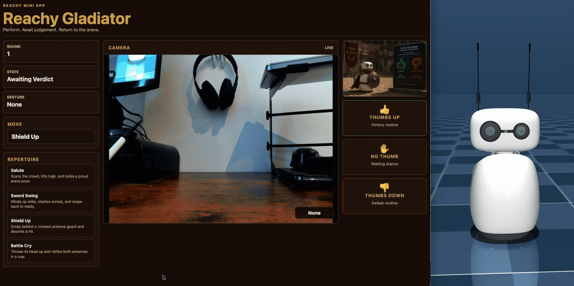 Image Alt Text:Animated dashboard and simulation showing a thumbs-up gesture triggering Reachy&rsquo;s victory reaction. This confirms that the Pi app recognized the gesture and sent the matching robot command.