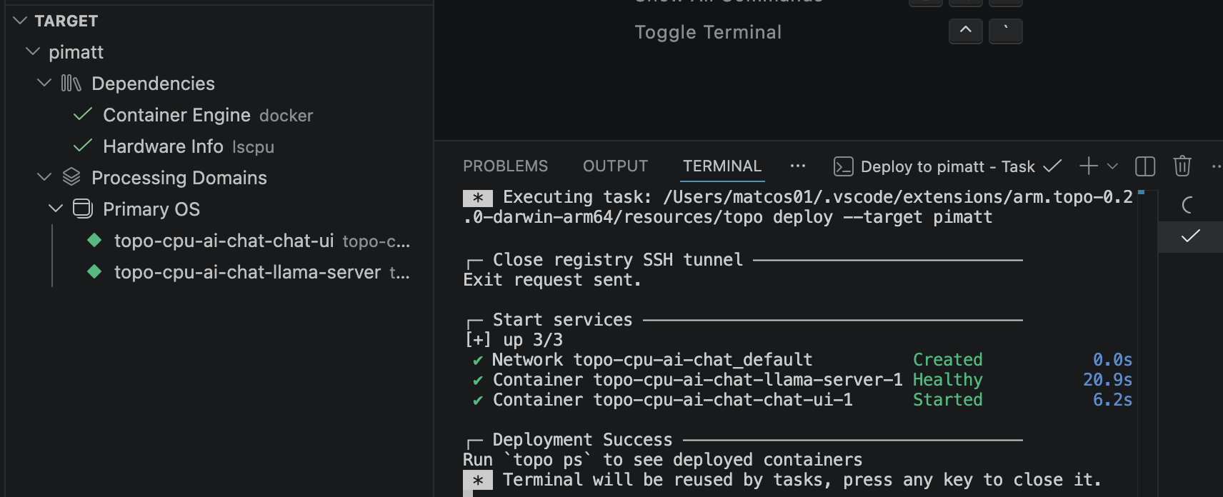 Image Alt Text:Screenshot of a deployed LLM chatbot processes shown in the Topo VS Code extension.