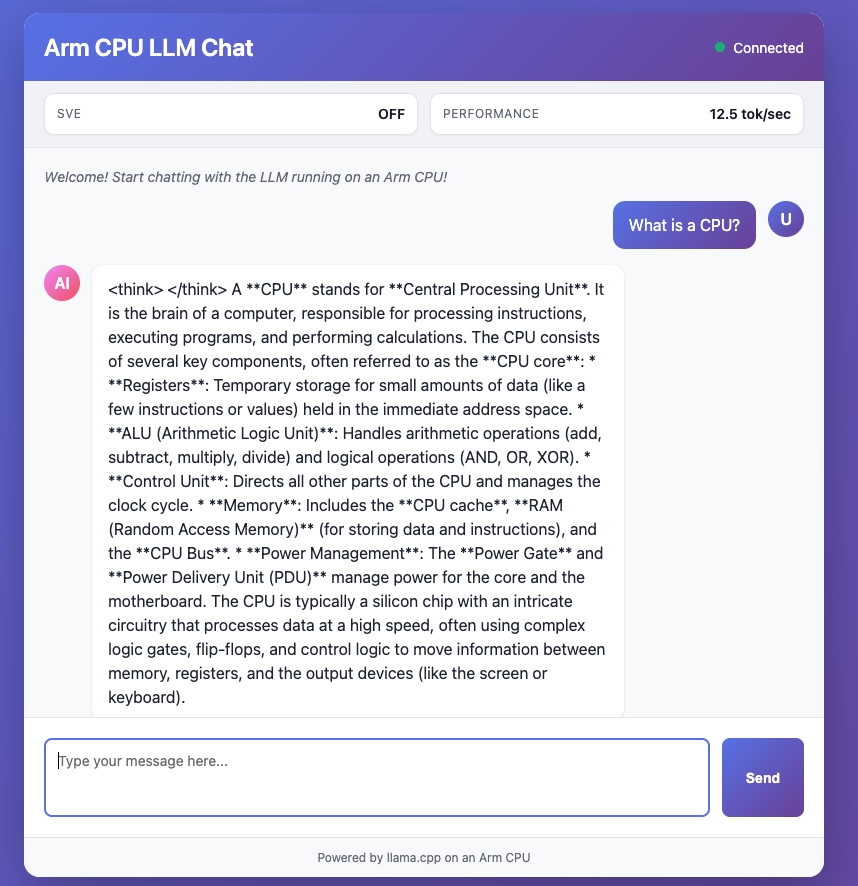 Image Alt Text:Screenshot of the LLM Chatbot web interface running on an Arm-based target, showing a chat window and model response. This confirms successful deployment and provides a visual reference for the expected result.