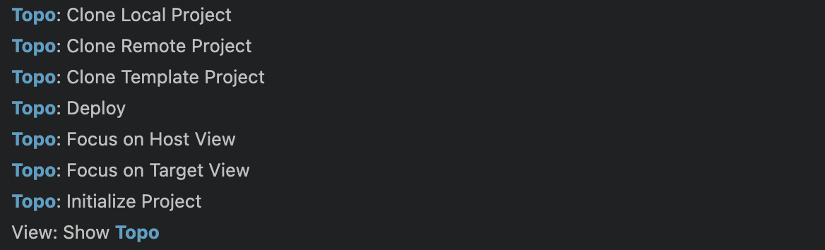 Image Alt Text:Screenshot of Topo commands in Visual Studio Code.