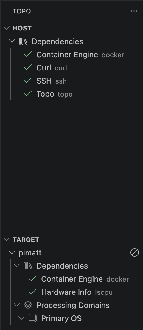 Image Alt Text:Screenshot of the Topo sidebar in Visual Studio Code showing target and deployment actions.