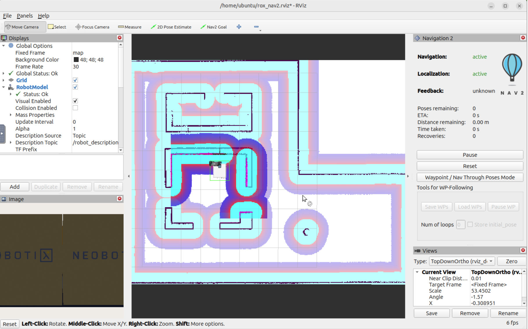 Image Alt Text:RViz window opened from the control terminal showing the simulated robot, map, and laser scan