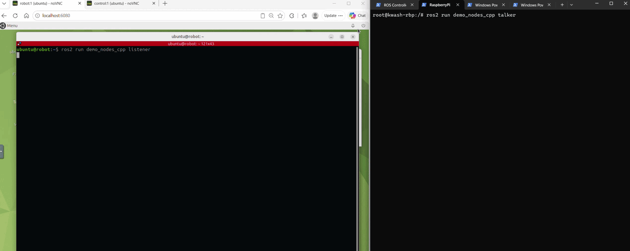 Image Alt Text:Raspberry Pi talker and robot-container listener exchanging Hello World messages